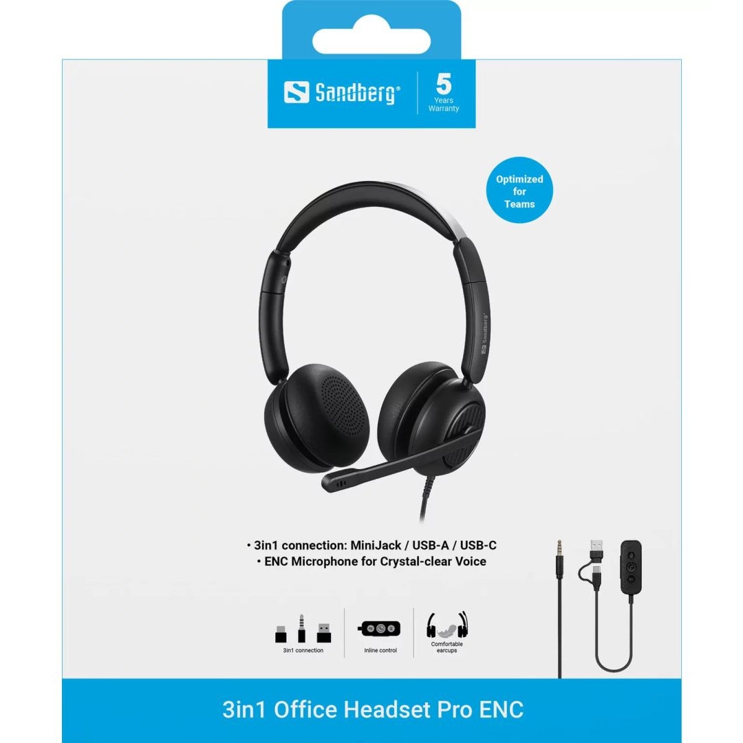 Casti cu fir Sandberg 3in1 Office Headset Pro ENC, microfon, negru, 1.2m