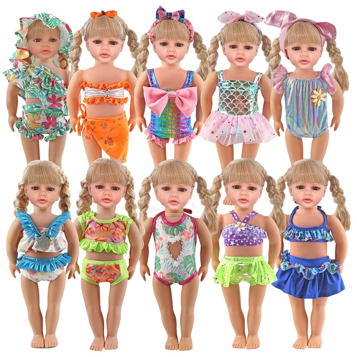 Set 13 Piese Imbracaminte pentru Papusi, Rochii Sirena si Costume de Baie cu Palarii si Bandana, Multicolor, pentru Papusi de 14-18 Inch