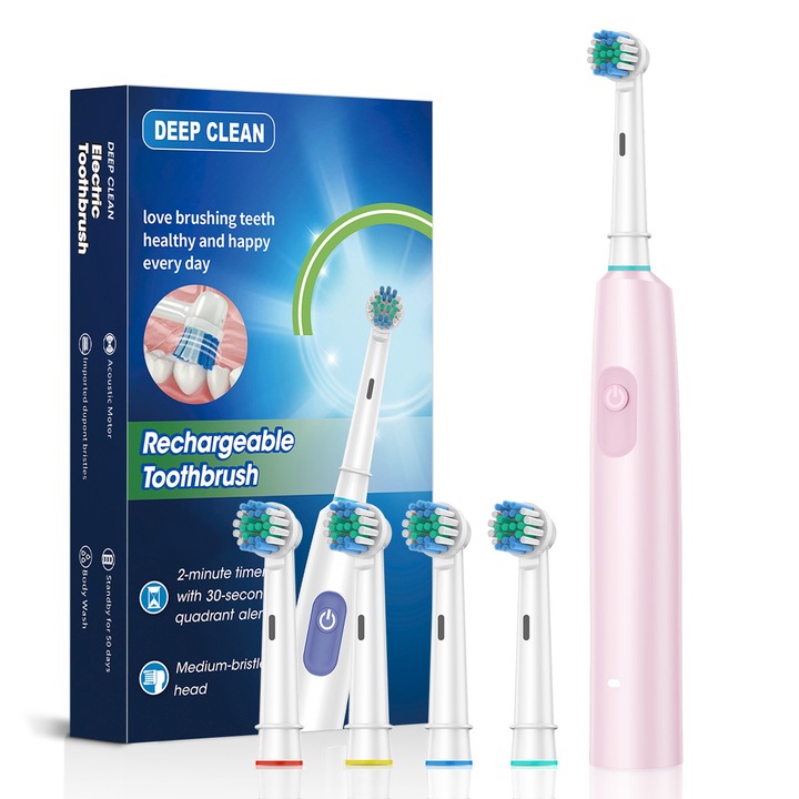 Periuta de dinti electrica, sonica rotativa, cu cap rotund, perii moi, 5 moduri, IP67 rezistent la apa, baterie 600mAh, incarcare Type-C, Roz
