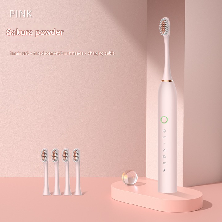 Sakura Powder elektromos fogkefe / szájápoló kefe, ultrahangos technológiával, puha sörtékkel, rózsaszín, 1 egység + 4 cserefej, USB-ről tölthető