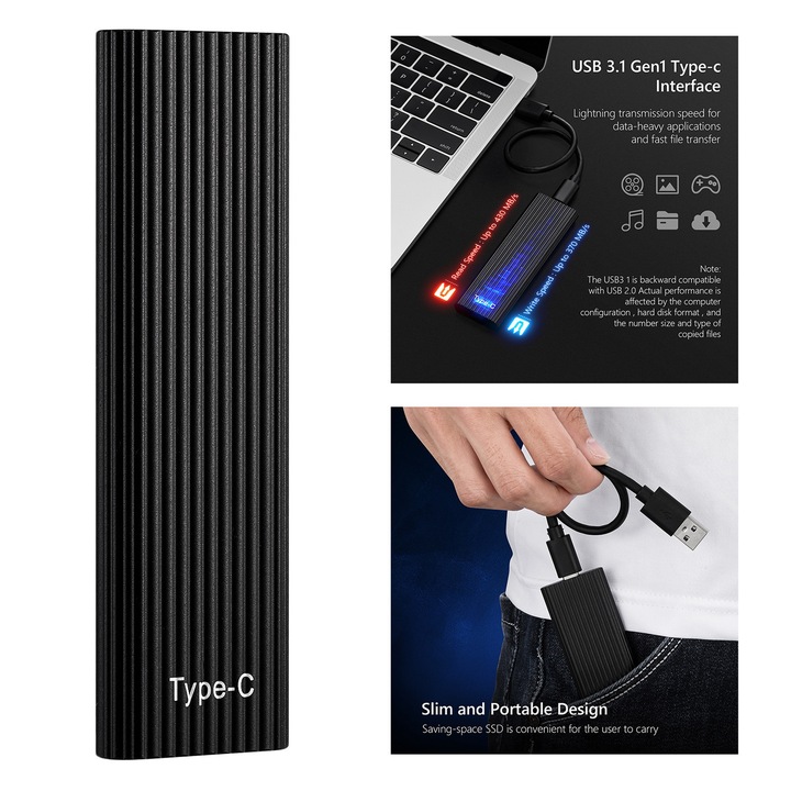 1TB мини преносим SSD, високоскоростен, вълнообразен дизайн, компактен