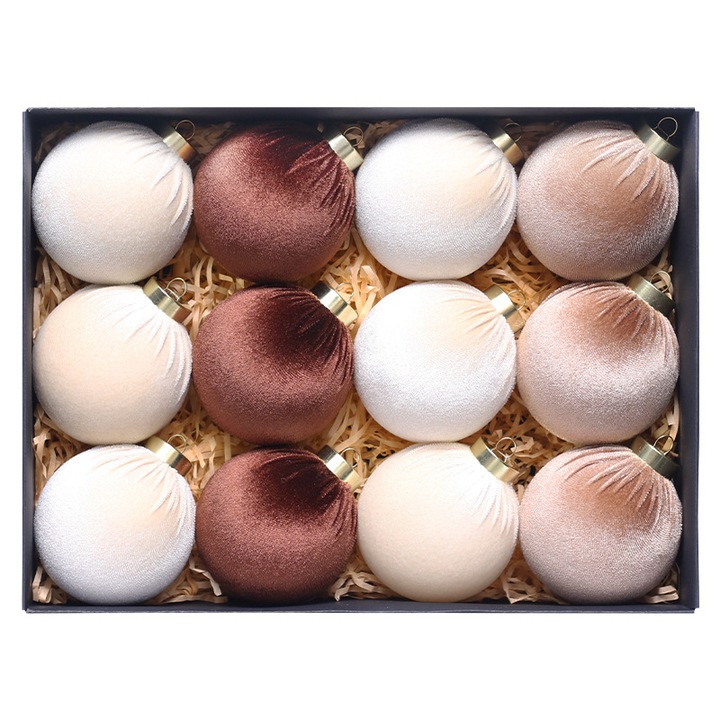 Set 12 Globuri de Craciun din Catifea, 8cm, Multicolor