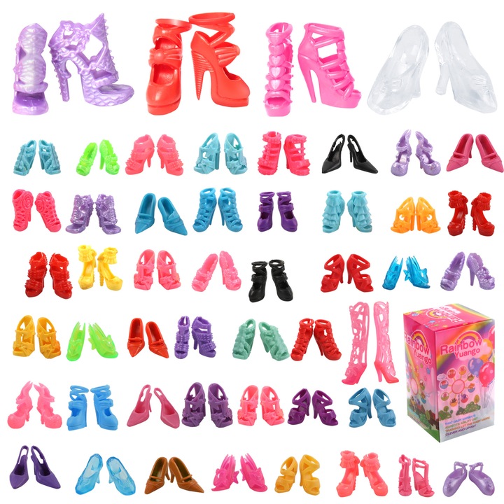 50 Perechi Incaltaminte pentru Papusi 11.5 Inch (29 cm) - Pantofi Balerini, Cu Toc, Cizme, Culori Asortate, Set de Inlocuire