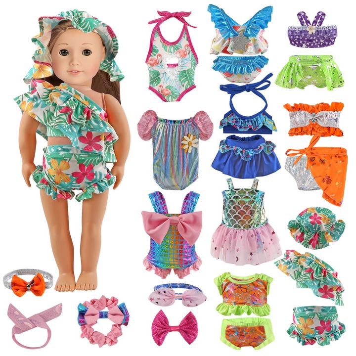 Set Vesel de Haine si Accesorii pentru Papusi 18 Inch - 13 Piese, Tema Sirena: Rochii, Costume de Plaja, Palarii, Geanta, Cadou pentru Fete