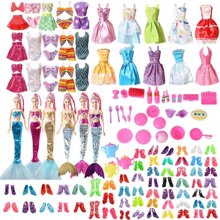 Set Complet pentru Imbracat Papusi - Include Rochii cu Modele Floral si Puncte, Costum de Sirena, Pantofi si Accesorii Casnice Mici, Cadou pentru Fete