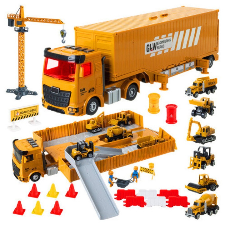 Camion cu remorca pentru copii, WTO®, set mare cu vehicule de constructie, ABS, /metal, platforma pliabila, 36 accesorii, 37 x 22 x 10 cm, multicolor