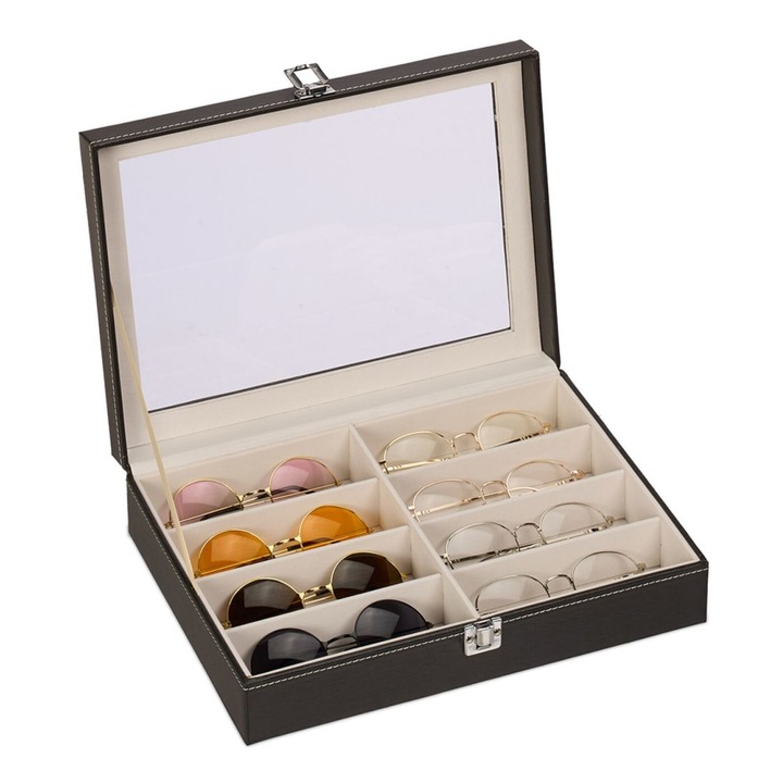 Cutie depozitare pentru ochelari Relaxdays, 8 compartimente, 33, 5 x 8.5 x 24, 5 cm, Captuseala de catifea, Cu cheie, MDF, Negru