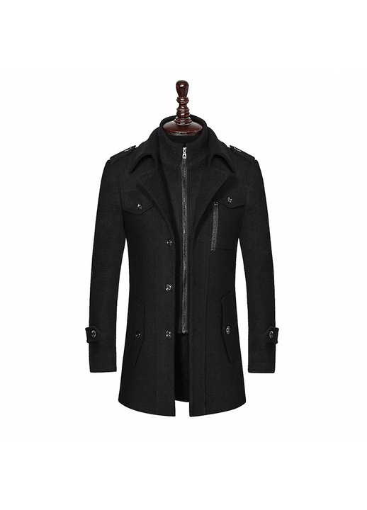 Palton de lana pentru barbati, elegant, cu guler dublu, negru, L INTL