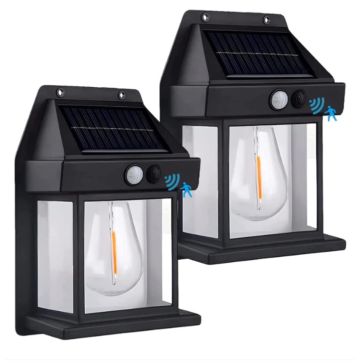 Комплект 2 соларни лампи за външно осветление, Hggzeg, Със сензор за движение и светлина, Безжични, 3 режима на работа, водоустойчиви, Вградена батерия 800 mAh, Захранвани със слънчева енергия за двор или градина, Топла светлина, Черни