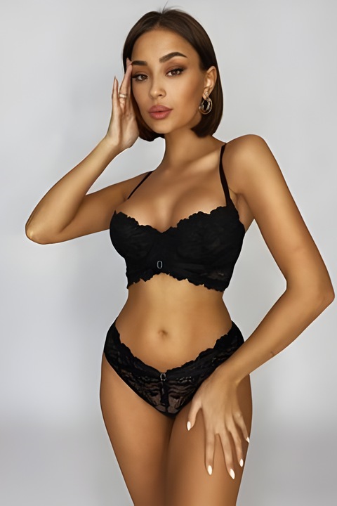 Set Lenjerie Intima din Dantela fina, Noir Lingerie, 2 piese, Negru, L