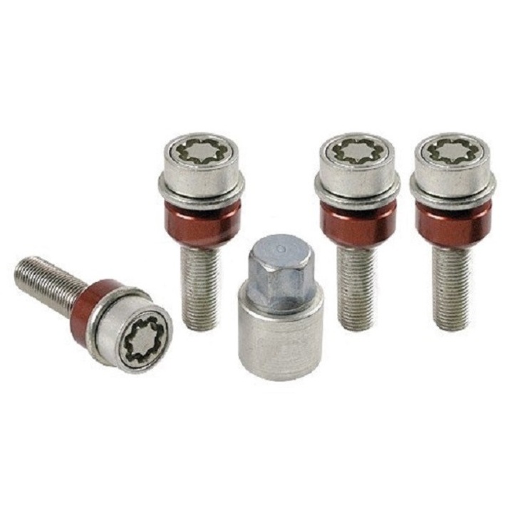 Set suruburi antifurt roti Sicustar, M14 x 1.50 x 50, hexagon, cheie 17, otel zincat, pentru Porsche, Audi Q7, VW Touareg