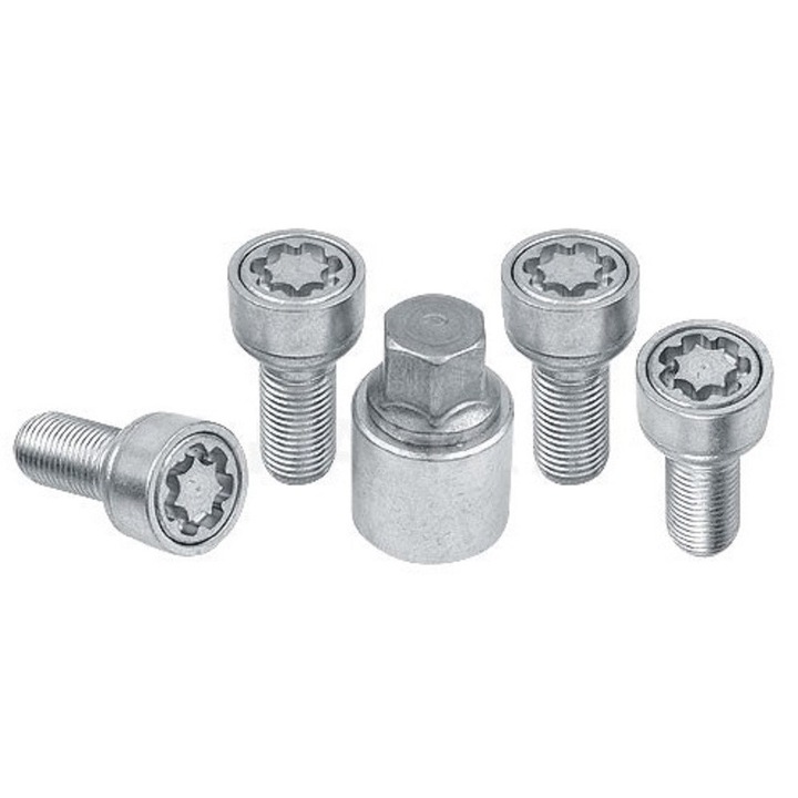 Set suruburi antifurt roti Sicustar, M12 x 1.50 x 50, hexagon, cheie 17, otel zincat, pentru Skoda, Volkswagen, Seat