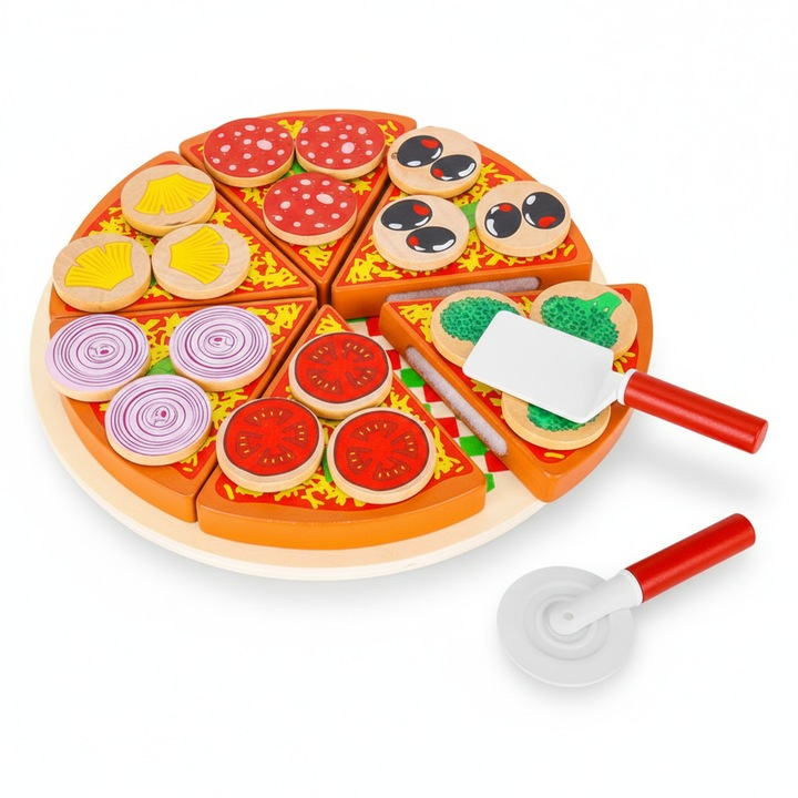 Set pizza din lemn de taiat 27 piese cu velcro, jucarie alimentara de rol cu accesorii si blat, dezvoltare motricitate fina si creativitate copii