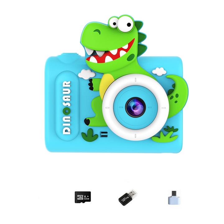 Camera foto pentru copii, 32GB, 1080P, design dragut cu dinozauri, inregistrare foto/video, ecran HD de 2 inci, baterie de 400mAh, albastra