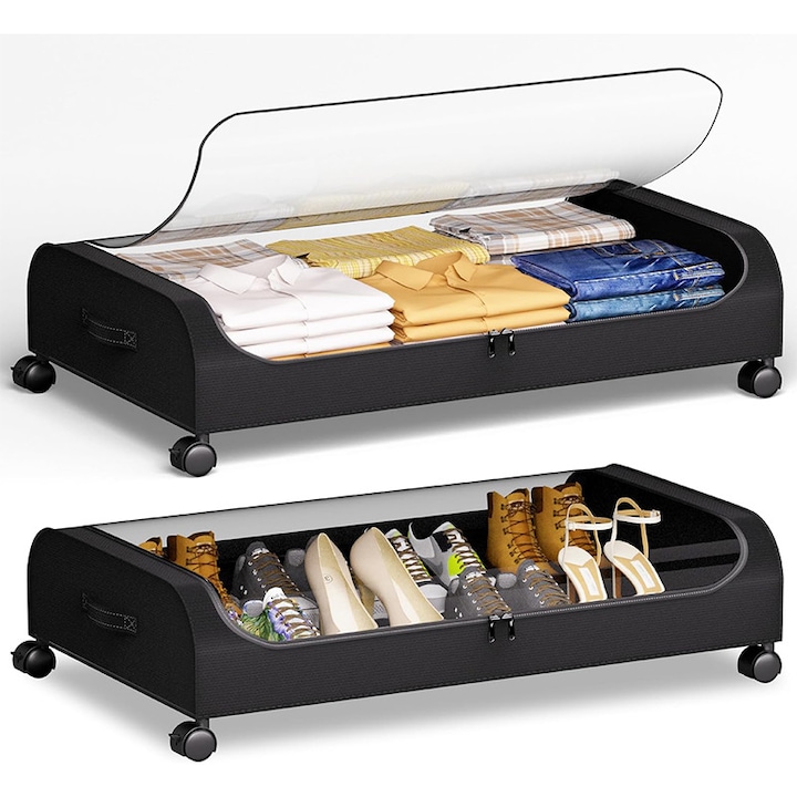 Cutie de depozitare sub pat, set de 2, 50L, 80x44x16cm, capac transparent, roti cu frana, 80x43.5x16 cm, metal, depozitare rulanta sub pat, capacitate mare, economie de spatiu, usor de scos, potrivit pentru haine de dormitor, pantofi, jucarii, cartinegru