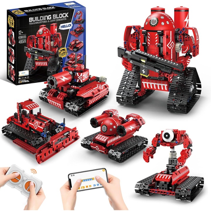 Set de constructie robot 5-in-1, 673 piese, control prin telecomanda si aplicatie, pentru copii 8-16 ani, negru/rosu