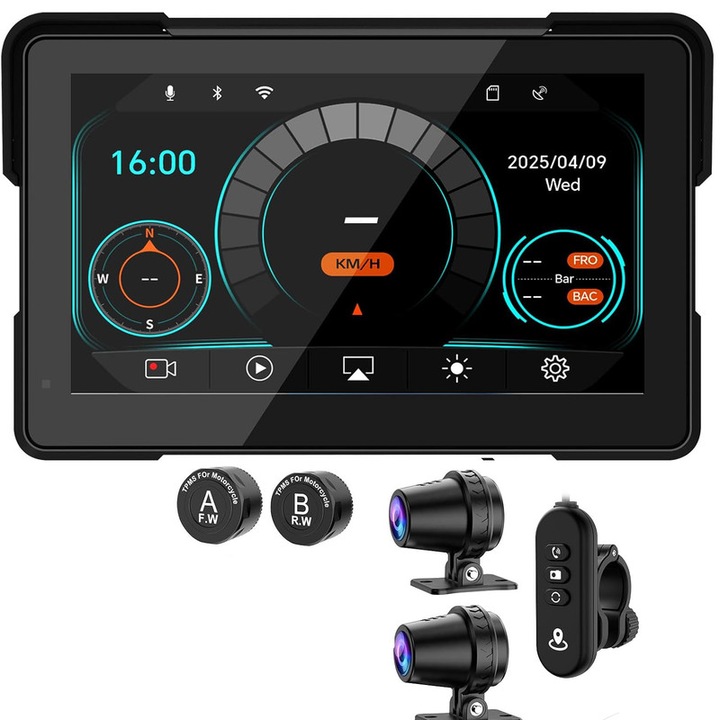 GPS kijelző motorkerékpárhoz, 7 hüvelykes, kettős 1080P kamerával, nyomásérzékelőkkel, gyors mágneses rögzítéssel, szett