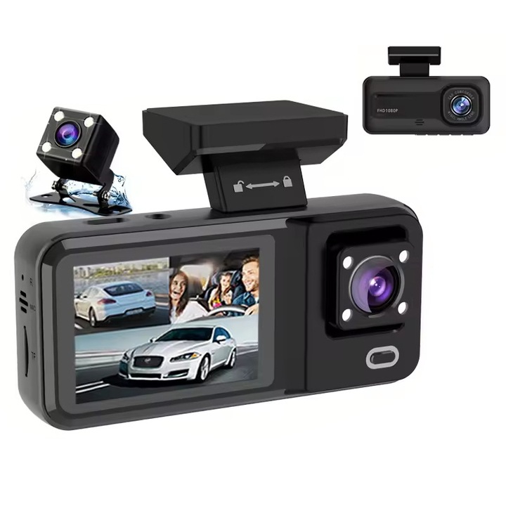 Camera auto DVR 4K cu 3 canale, 64GB card, inregistrare continua, senzor G, montare fata si spate