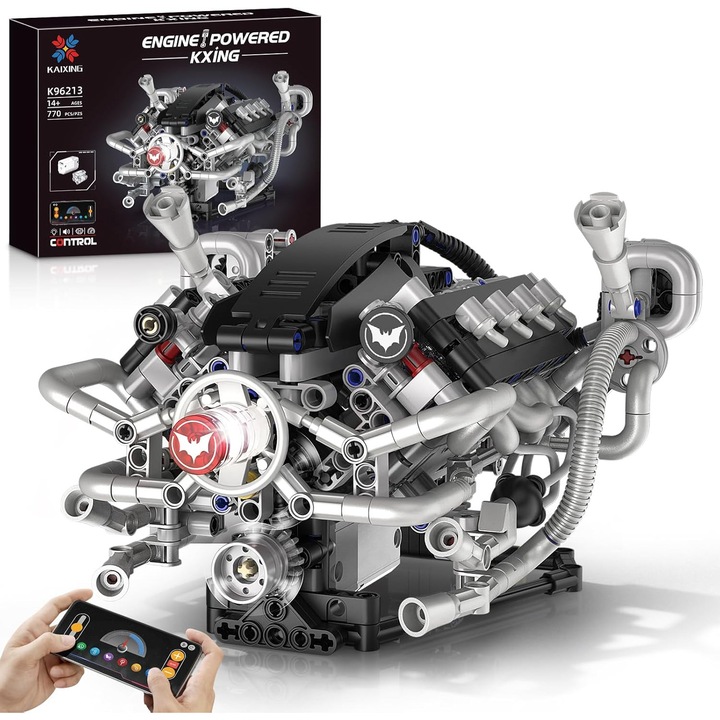 Комплект за изграждане на модел на V8 двигател, управляван чрез приложение, с презареждащ се мотор, 770 части, дизайн с прозрачна цилиндрова глава