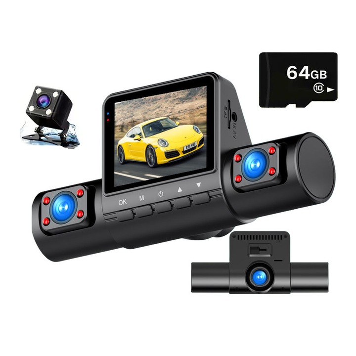 Camera auto DVR 4 canale, 4K, cu card de 64GB, inregistrare in bucla, senzor G, camera fata si spate