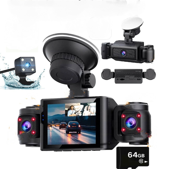 Camera auto DVR 4 canale, 1080P, noapte superioara, detectie miscare, set cu card 64G