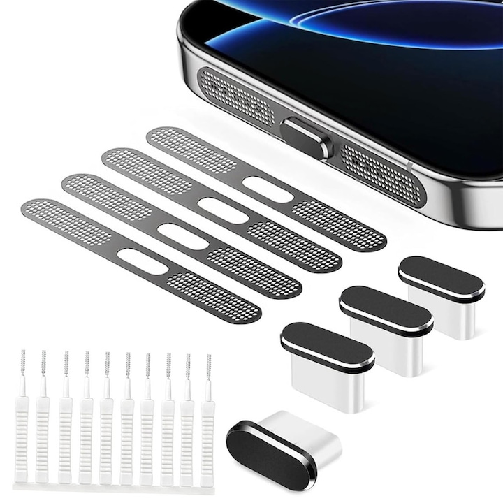 Kit de curatare si protectie pentru difuzoarele telefonului mobil, RASK, Perii de Curatare, dop de praf Type-C, Autocolante Plasa Antipraf, Compatibil cu toate dispozitivele de tip C, Alb/Negru