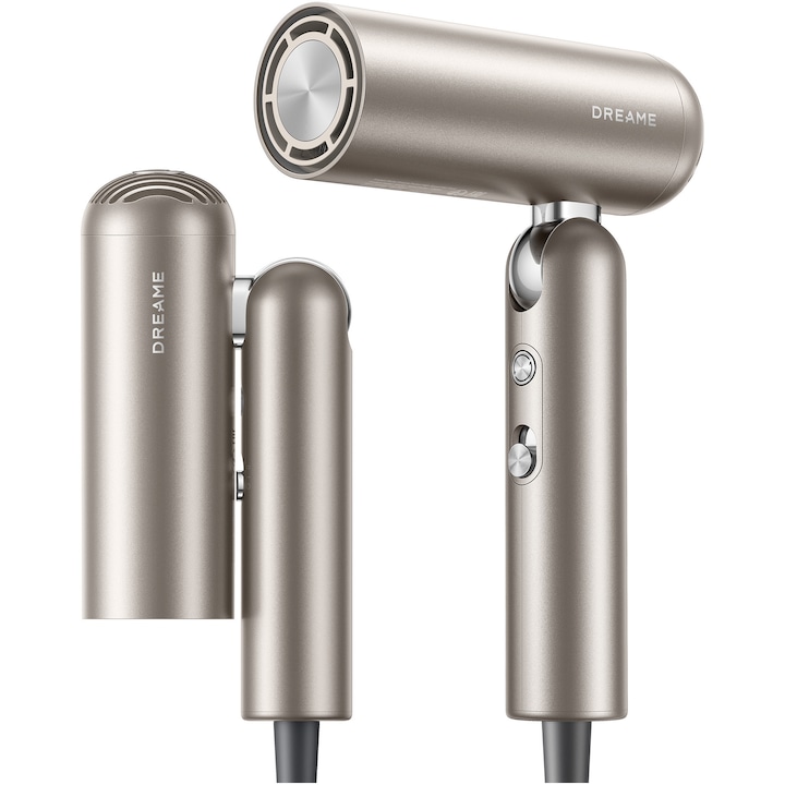 Сешоар и маша DREAME Pocket Pro, 1300W, Сгъваем дизайн, Изсушаване на къса коса за 40 секунди, 300 милиона отрицателни йони/см³, 60 dB, 110 000 RPM мотор, 300 гр, Златист