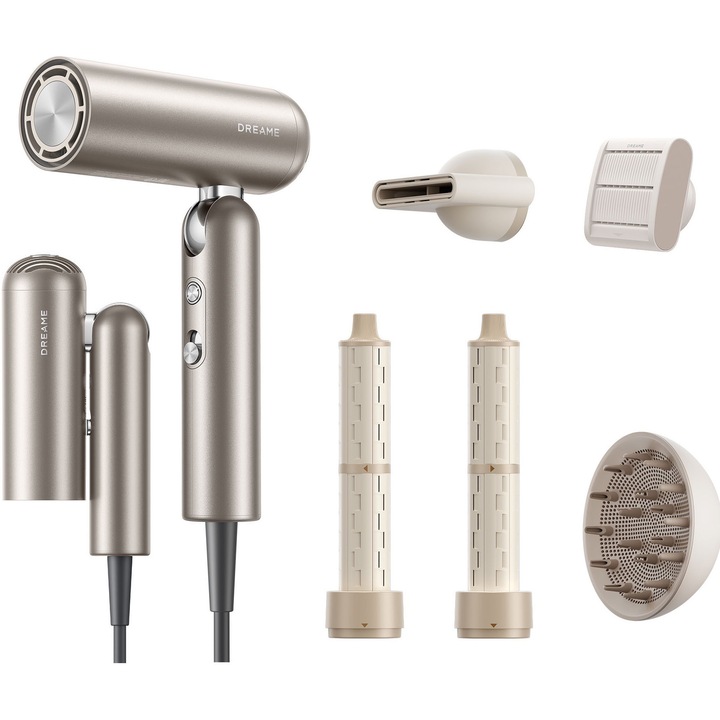 Uscator de par si ondulator DREAME Pocket Pro, 1300W, design pliabil, uscare par scurt in 40 sec, 300 milioane ioni negativi/cm³, 60 dB, motor de 110.000 RPM, 300g, auriu