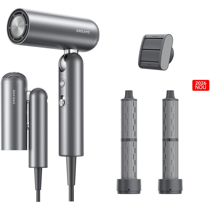 Uscator de par si ondulator DREAME Pocket Pro, 1300W, design pliabil, uscare par scurt in 40 sec, 300 milioane ioni negativi/cm³, 60 dB, motor de 110.000 RPM, 300g, gri