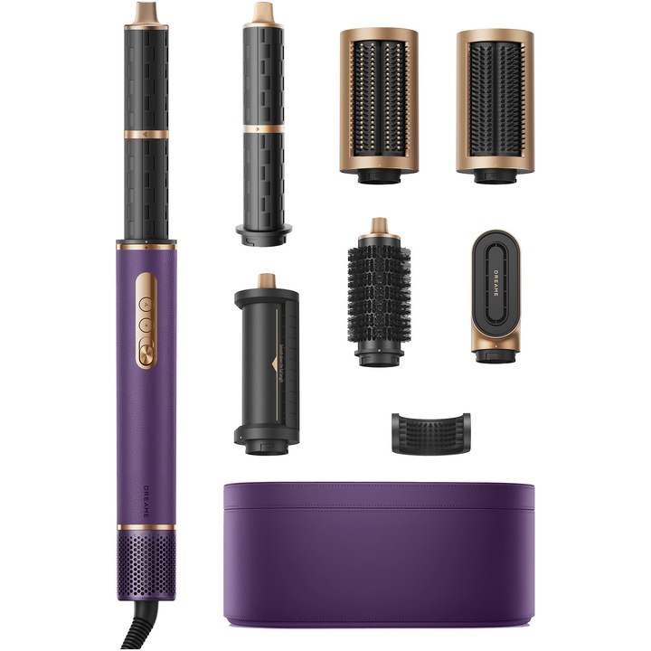 Dreame Airstyle Pro AMF18A multifunkciós hajformázó, 1300 W, 110 000 fordulat/perc motor, 60 m/s, 3 hőmérséklet-beállítás (28°C/55°C/80°C), 3 sebességfokozat, 7 tartozék, 76 dB, 290 g, Lila