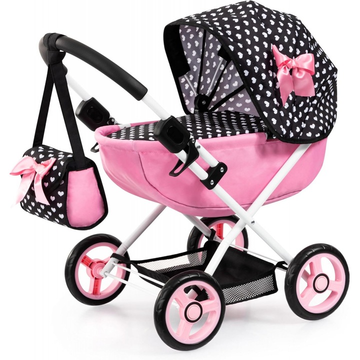 Carucior pliabil pentru papusi Bayer Cosy, bicolor, cu plapuma si pernuta incluse, roz/gri, dimensiune 63x34x58 cm