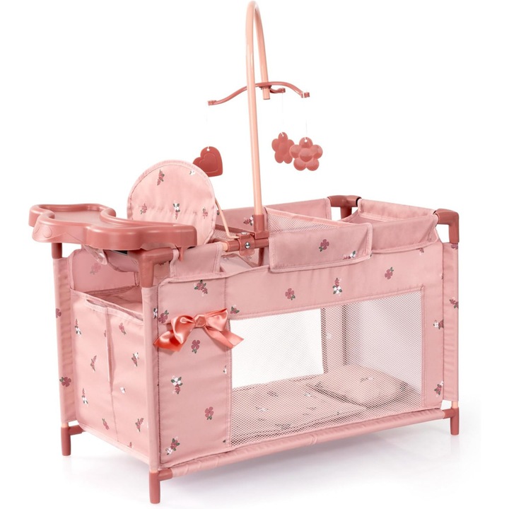 Patut multifunctional de calatorie pentru papusi Bayer, scaun de masa incorporat, carusel cu jucarii, roz, 68x33x72cm
