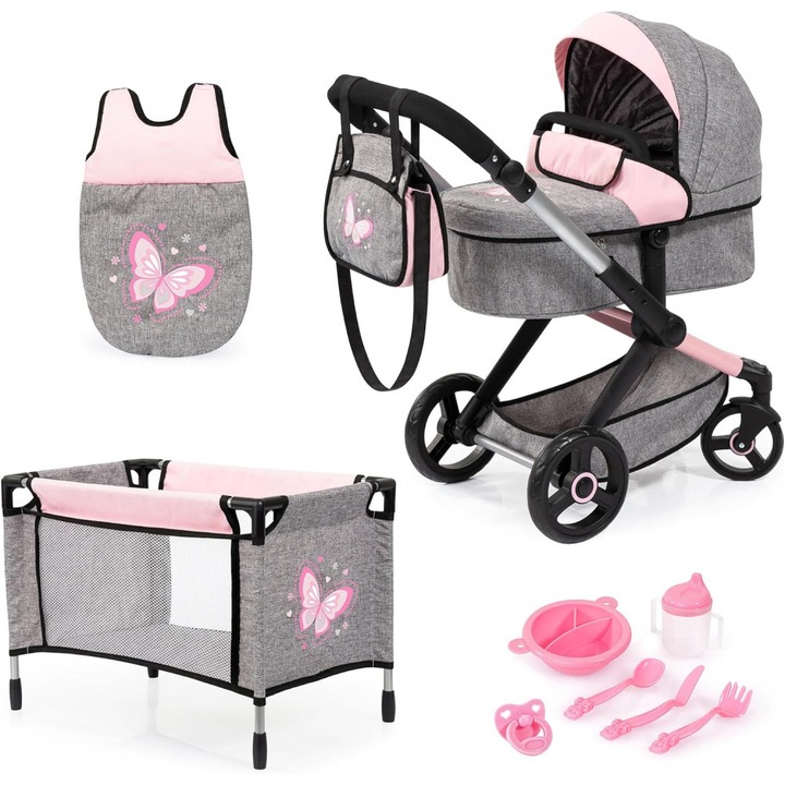 Set carucior 2in1 transformabil pentru papusi Bayer Xeo Mega set cu patut de calatorie, saculet de dormit, set accesorii de hranire, gentuta de umar, cos de cumoparaturi, cadru pliabil, roti robuste