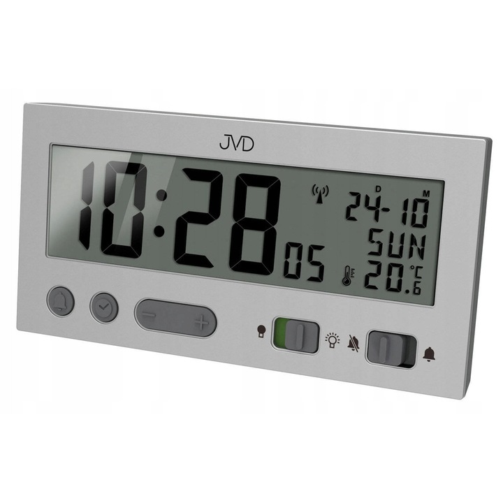 Ceas de masă JVD RB9410.1 cu termometru, senzor lumină, design dreptunghiular, argintiu, 13.1x6.6x3.7cm