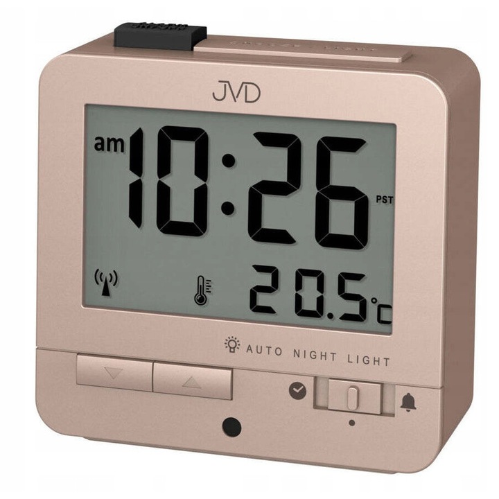 Ceas Digital JVD, model RB9401.3, termometru integrat, iluminare nocturnă automată, roz metalic, 8.4x8x3.2cm