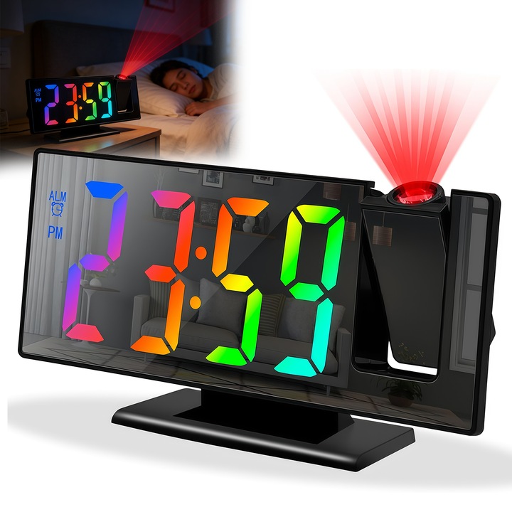Ceas cu alarma de proiectie, Wacorresi®, 7.8 "LED oglinda ceas digital ecran mare, cu proiector rotativ la 180°, Display Oglinda, lumina de noapte RGB, Dimmer luminozitate 3 niveluri, Proiectie Laser Ora Perete/Tavan, Negru
