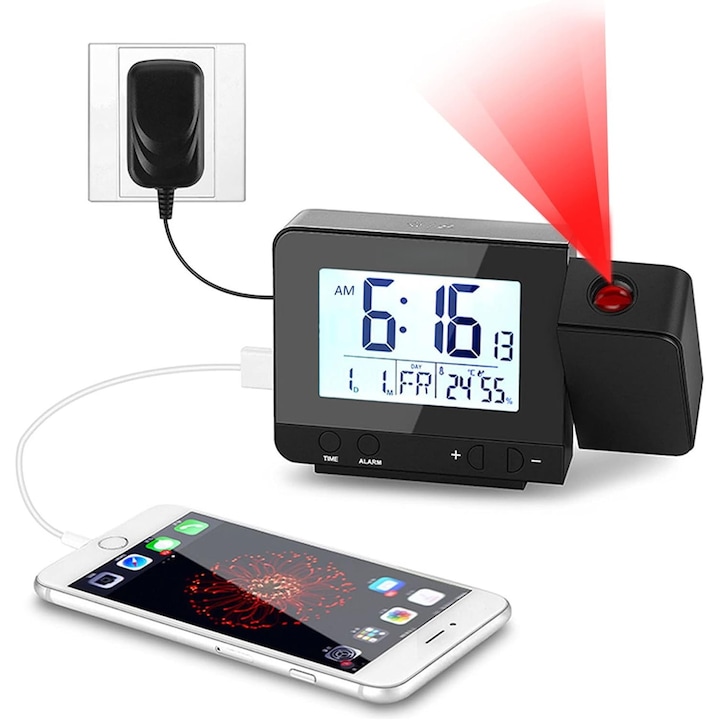 Wacorresi® vetítős ébresztőóra, hőmérséklet kijelzővel, 180°-ban forgatható projektorral, 5 perces szundi funkcióval, vetítés BE/KI, USB töltés elektronikus eszközökhöz, lézeres óra vetítés falra/mennyezetre, fekete