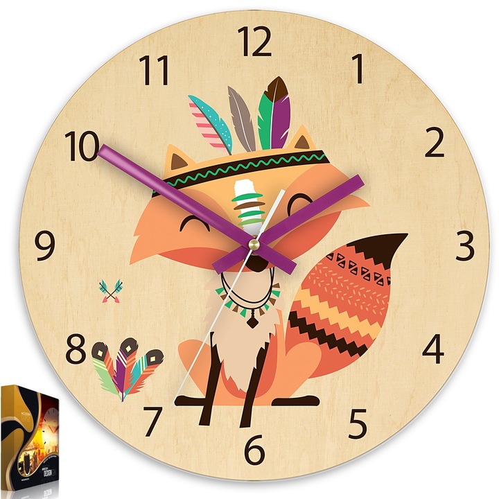 Ceas de perete ModernClock LISEK pentru copii, diametru 30cm, placaj de mesteacan, grafica atractiva