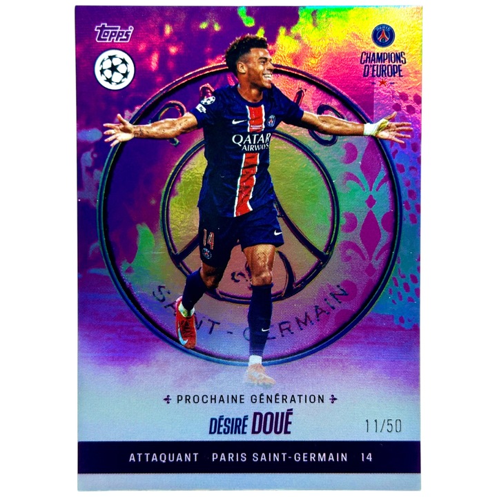 Card de fotbal Topps Desire Doue din colectia 2025 PSG Team Set Prochaine Generation Purple, limitare 11 din 50 PSG