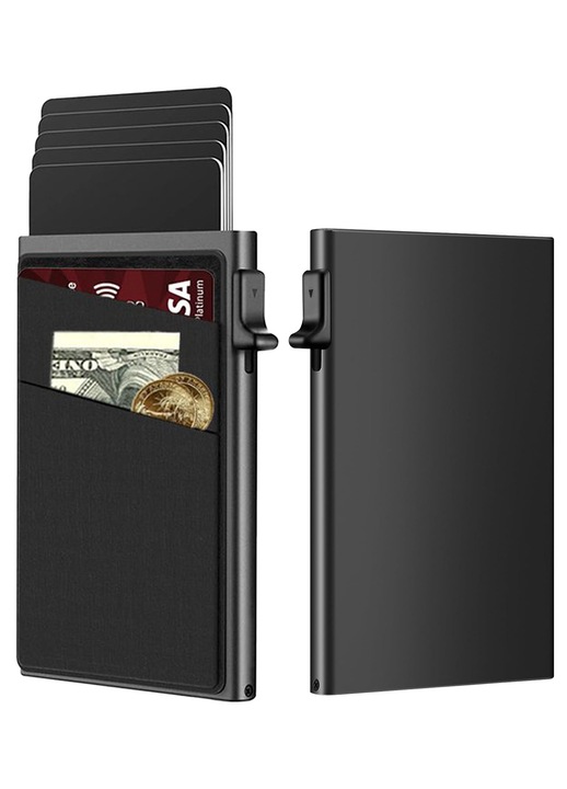 Portofel barbati, ultra-subtire, RFID, aluminiu, negru