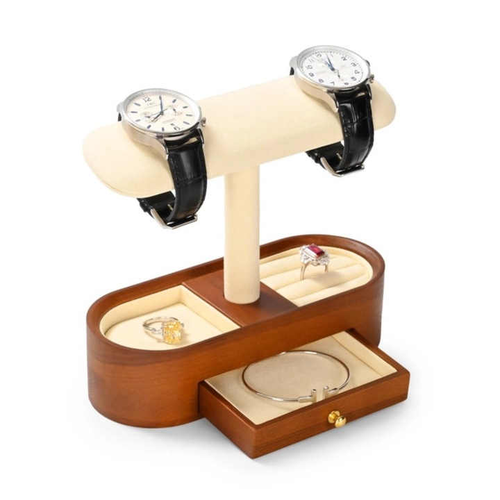 Suport Ceasuri si Bijuterii din Lemn – Stand pentru Ceas, Bratari, Inele si Cercei, cu Sertare de Organizare, Display Elegant – Bej