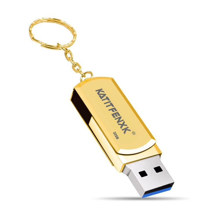 Stick Memorie USB 3.0, KATITFENXK, 32GB, rotativ 360°, Auriu