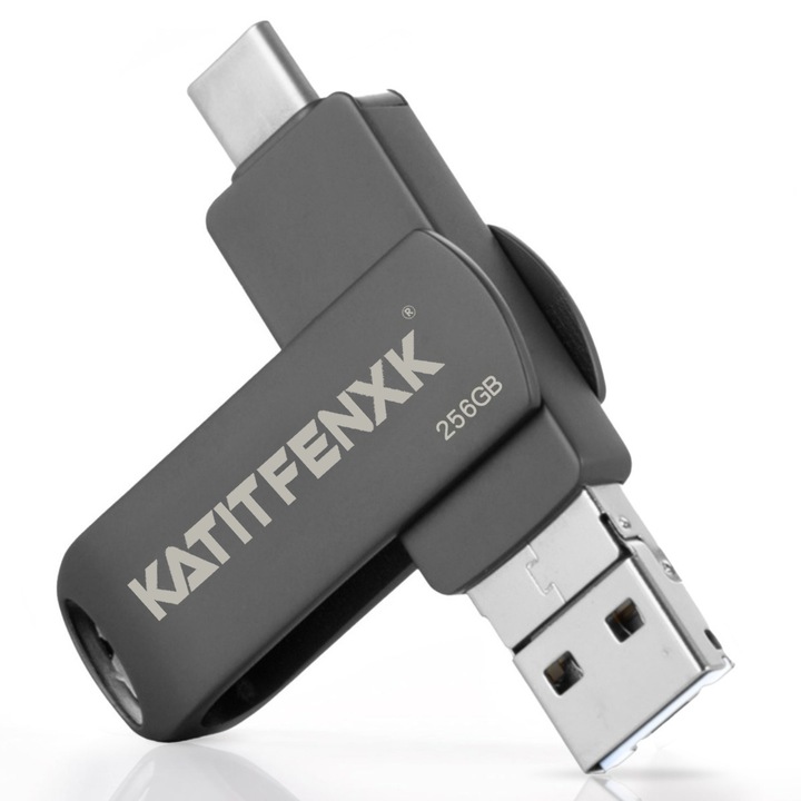 Stick USB 3.0 Mobil, KATITFENXK®, 256GB, High Speed, Backup fisiere, Flash Drive 4 in 1, Adaptor Type-A, Type-C, Lightning, USB-A, Potrivit pentru telefoane mobile, computere si tablete, Negru Gri