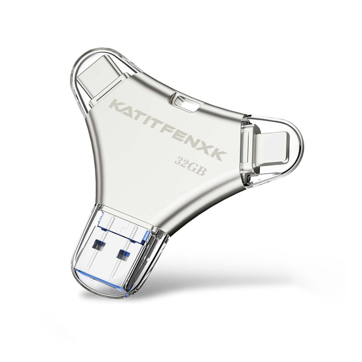 Stick Memorie USB 3.0, KATITFENXK, 32GB, Flash Drive 4 in 1, Adaptor Type-A, Type-C, Lightning, USB-A, Conecteaza si foloseste, Argintiu