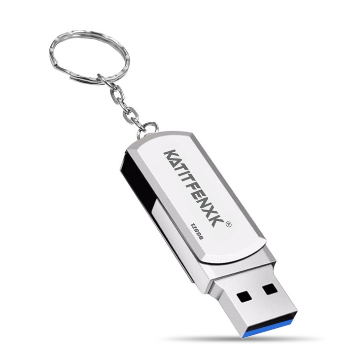 Stick Memorie USB 3.0, KATITFENXK, 128GB, rotativ 360°, Argintiu