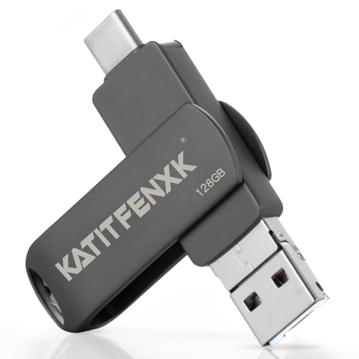 Stick USB 3.0 Mobil, KATITFENXK®, 128GB, High Speed, Backup fisiere, Flash Drive 4 in 1, Adaptor Type-A, Type-C, Lightning, USB-A, Potrivit pentru telefoane mobile, computere si tablete, Negru Gri