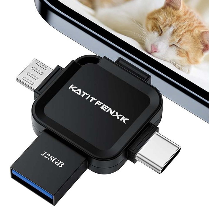 USB Stick Memorie 3.0, KATITFENXK, 128GB, Flash Drive 4 in 1, Adaptor Type-A, Type-C, Lightning, USB-A, Conecteaza si foloseste, Mobila, Gri