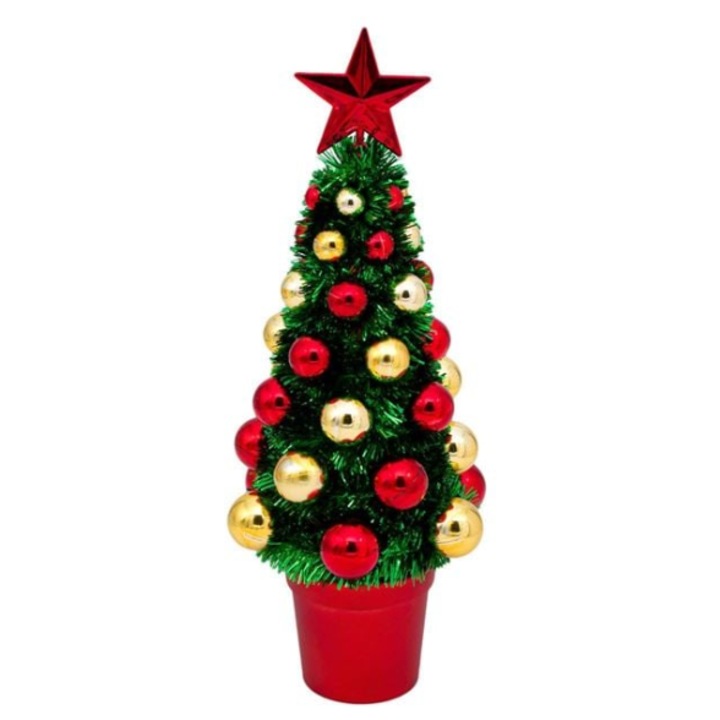 Brad Decorativ Craciun AB Homes, Mini Pom 39 cm, Globuri Aurii & Rosii, Stil Traditional