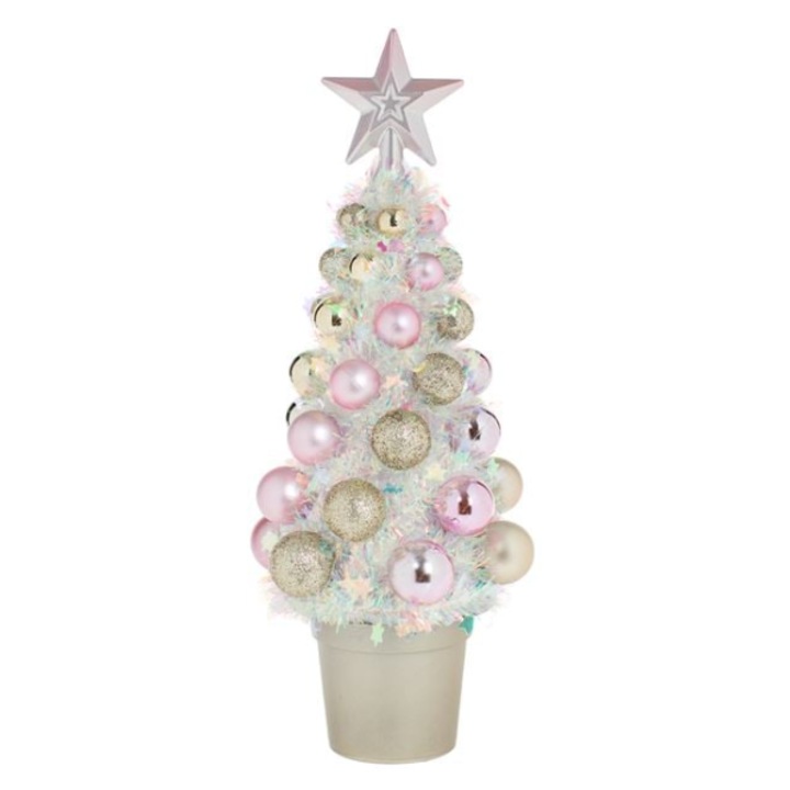 Brad Decorativ Craciun AB Homes, din Beteala Irizata, cu Globuri Aurii & Roz, 30 cm