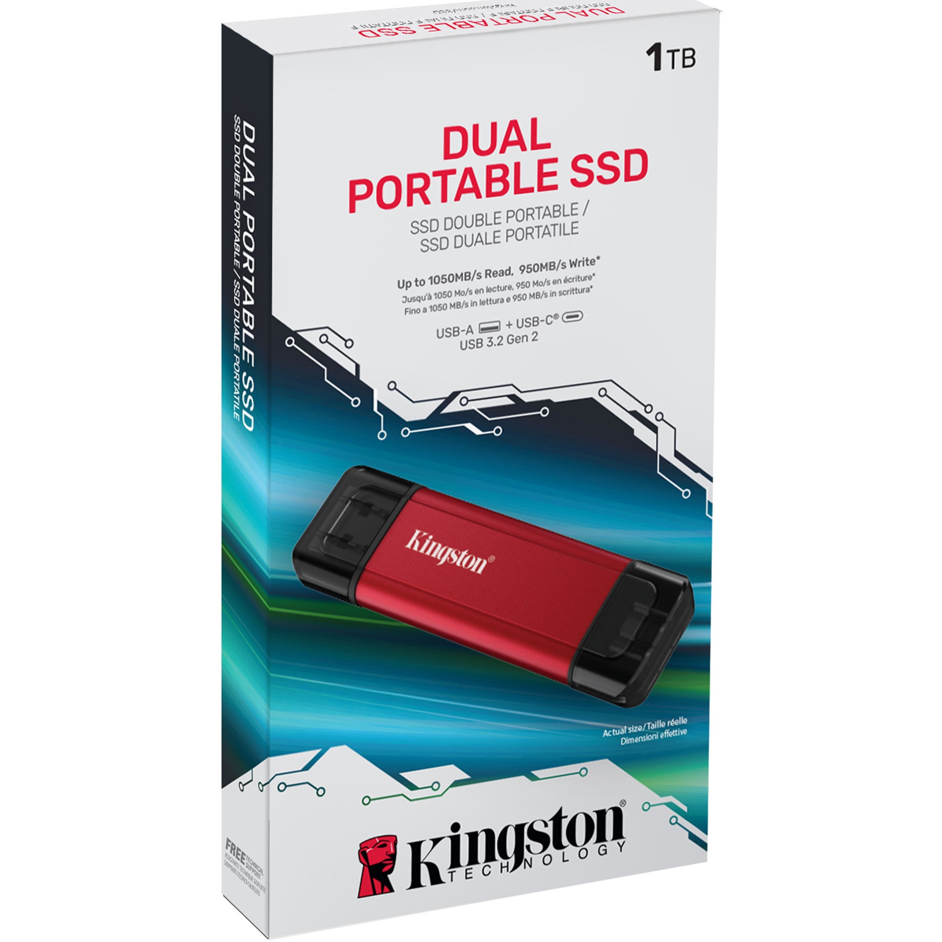 ロジクールDual Port Portable SSD USB 3.2 1TB SSD Portabil Dual Kingston, 1TB, USB Type-A/USB Type-C, USB 3.2
